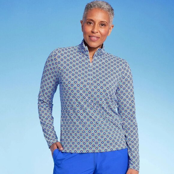 Lands' End Blue Geo Long Sleeve Quarter Zip Rash Guard Swim Shirt - Picture 1 of 5